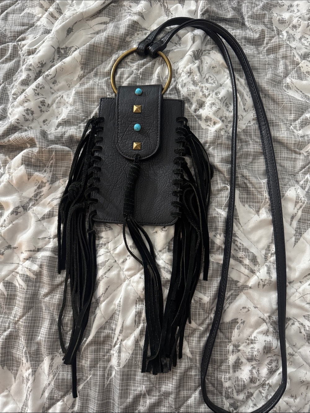 Black Fringe Crossbody Bag with Turquoise Accents